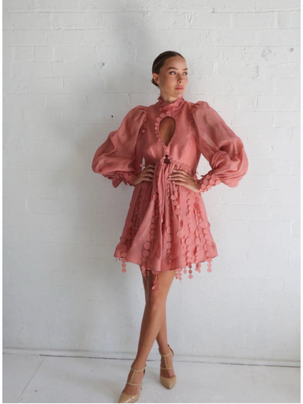 Zimmermann 0 Concert Disc Pink Cutout Mini Dress Puff Sleeve Linen Silk Appliqué - Picture 5 of 15